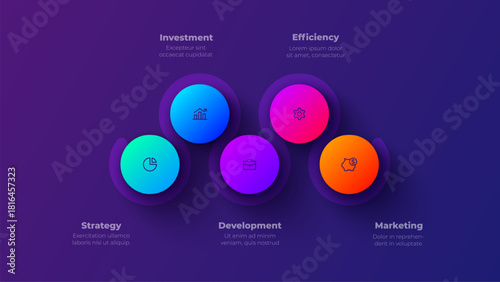 Business Gradient Infographic Vector with 5 Steps. Circular Cluster Diagram for Investment, Development, Strategy and Marketing Concepts