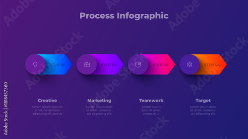 Arrow Process Infographic Vector with 4 Steps. Gradient Business Timeline Diagram for Creative, Marketing, Teamwork and Target Concepts