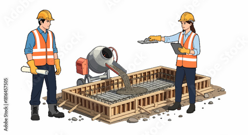 Engineers Pouring Concrete and Smoothing Foundation Base