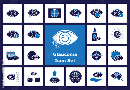 Glaucoma Eye Disease Symptoms, Diagnosis, and Treatment Icon Set - Flat Color Optometry and Vision Care Graphics