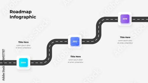 Roadmap Infographic Vector. Curved Route Diagram with Three Milestones for Business. Progress. Planning and Strategy Visualization