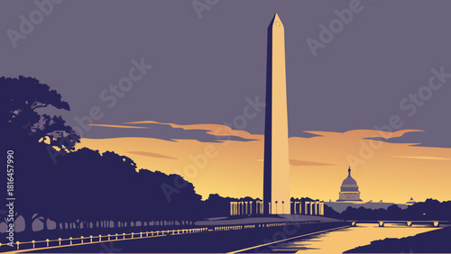 Washington dc skyline with washington monument and capitol building during sunset perfect for travel, tourism, patriotic, and politicalthemed designs and projects.