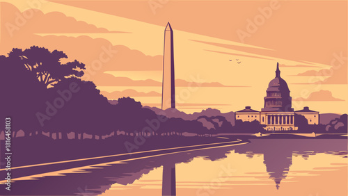 Washington dc skyline with iconic landmarks like the washington monument and capitol building reflected in water. Suitable for travel websites and publications.