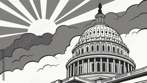 Washington dc skyline captures united states capitol dome, framed by sunlit clouds. Ideal for patriotic themes, travel, historical concepts.