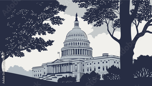 Washington dc skyline with the us capitol framed by trees provides a tranquil cityscape suitable for travel brochures and promotional materials.