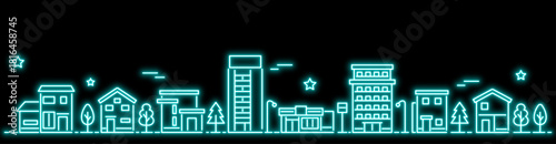 青いネオンのシンプルな街並み バナーサイズ