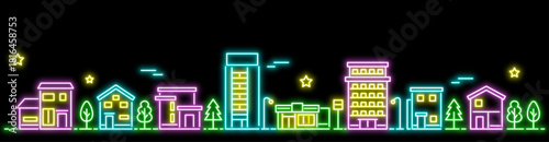 ネオンカラーのシンプルな街並み バナーサイズ カラフル