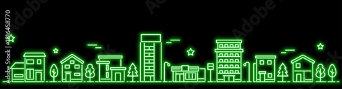 シンプルなネオンカラーの街並み バナーサイズ  緑