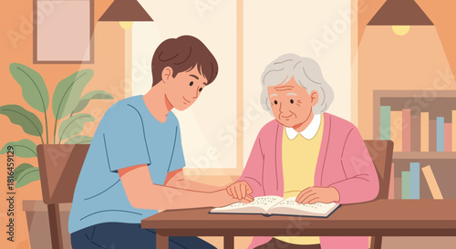 Young man helping senior woman read braille book at table. Assistance and care concept.