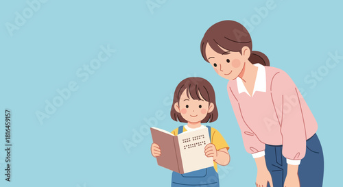 Little girl reading braille book with woman on blue background. Inclusive education.