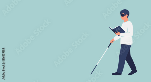 Blind man reading braille book while walking with cane, concept for visually impaired.