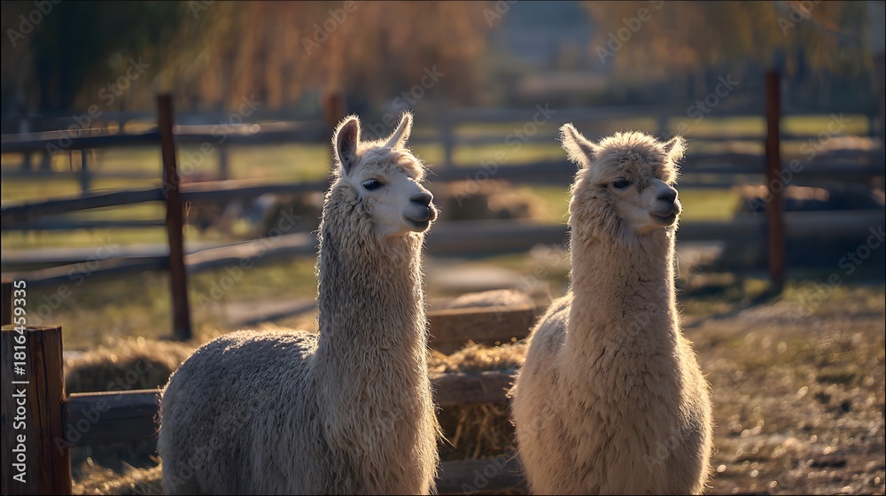 Obraz premium Gentle llamas graze peacefully within a sunlit farm enclosure serene rural wildlife scene