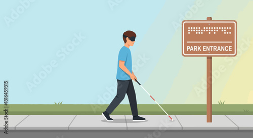 Blind man with cane walking on sidewalk near park entrance sign with braille writing.