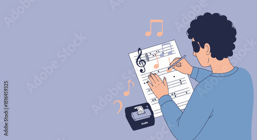 Visually impaired man transcribing music to braille. Music notes and braille printer.