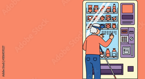 Blind woman with cane using vending machine. Accessibility and independence concept.