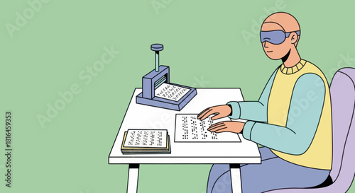 Blindfolded man using braille typewriter at desk, writing braille script on paper.
