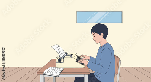 Man typing on an old typewriter at a desk in front of a window. Writer concept.
