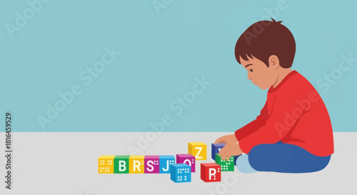 Little boy playing with alphabet blocks, learning braille. Education and development concept.