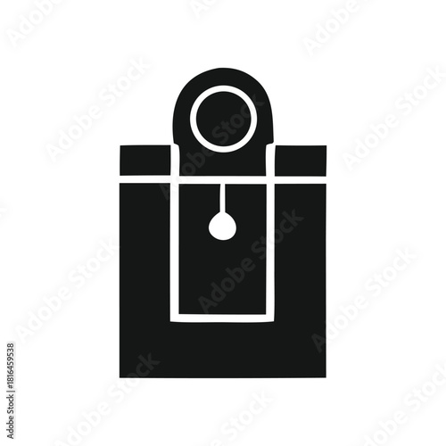 A stylized black and white illustration of a pendulum clock with a simple geometric design, representing time and measurement