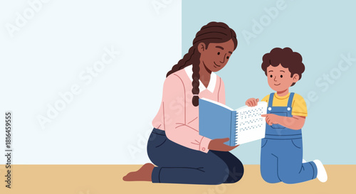 Woman reading braille book with child. Inclusive education and visual impairment concept.