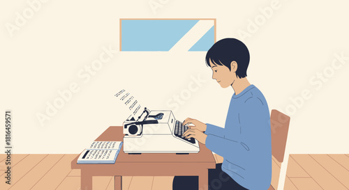 Young man types on an old typewriter. Writer concept, authoring, journalism and creativity.
