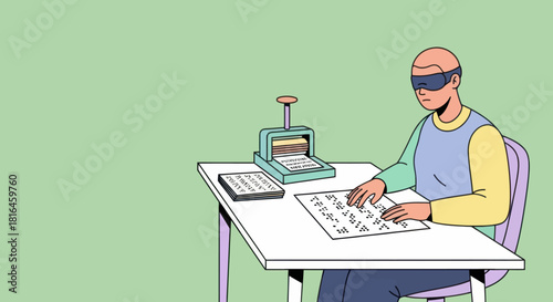 Blindfolded man typing in braille at desk with embosser. Inclusive education concept.
