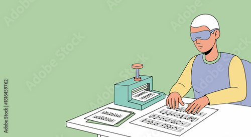 Blind composer transcribing music with braille typewriter on a desk. Disability concept.