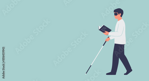 Blind man with dark glasses reading braille book while walking with cane. Disability concept.