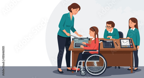 Teacher assisting girl in wheelchair using typewriter, inclusivity in education concept.