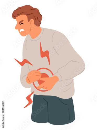 Young man holds belly with his hands. Guy experiencing pain in stomach or intestines. Medical painful symptom. Tummy disease. Abdominal ache. Gastritis or indigestion. Vector concept