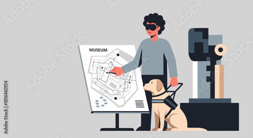 Blind man with guide dog using museum map, accessible tourism and inclusion concept.