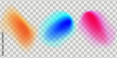 Set color circle gradient noise gradation. Abstract colorful watercolor blur mesh on isolated transparent background. Circle shape png. Gradient aura, grain neon blob noise effect vector illustration.