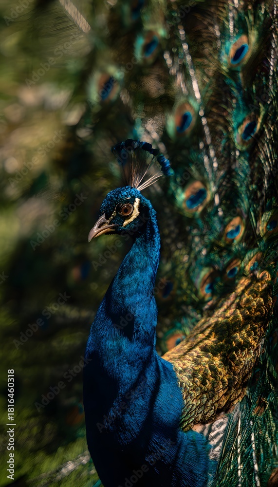 Obraz premium Majestic peacock portrait showcases vibrant plumage a stunning display of nature’s artistry