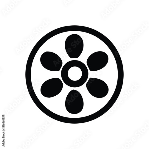 Simple black and white graphic design of a six-petal flower inside a circle