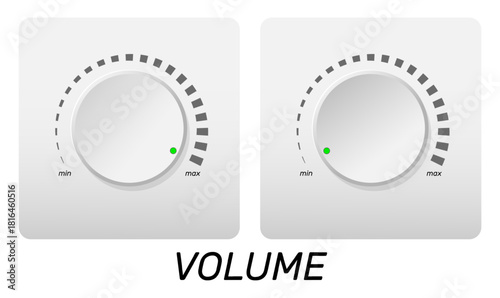 Volume control. Minimum and maximum level of sound or music. Round rotating button. Multimedia panel knob with scale. Amplifier interface. Loud regulator. Vector realistic objects set