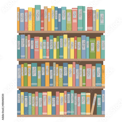 Colorful books with braille on wooden shelves, library for visually impaired people.
