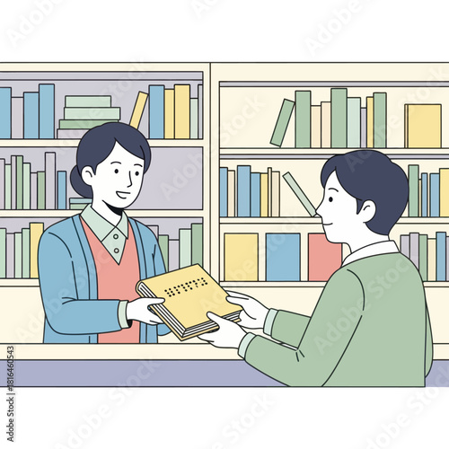 Woman librarian hands book with braille to a man in library with bookshelves behind.