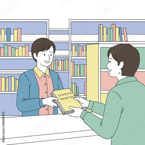 Woman librarian handing book with braille to a man at the library counter, vector illustration.