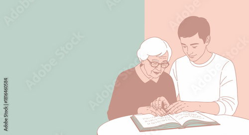 Young man assisting senior woman reading braille book at table. Inclusive education.