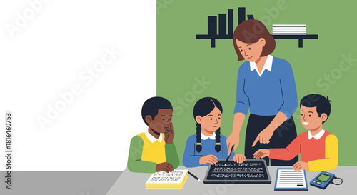 Teacher helping students with braille at school, inclusive education concept, vector illustration.
