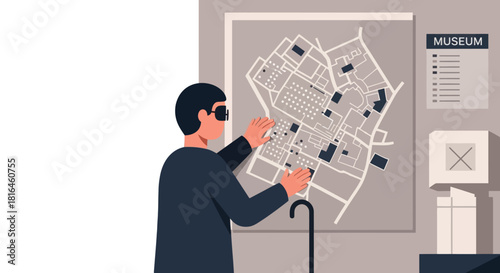 Blind man touching tactile map of museum. Visually impaired person in gallery exhibit.