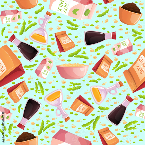 Soy products seamless pattern. Superfood soybean. Oil and sauce bottles. Porridge bowl with vegan soymilk. Repeated print. Diet food. Beans flour. Cooking ingredients. Vector background