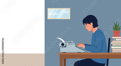 Woman typing on a vintage typewriter with books and a plant on a table. Writer concept.