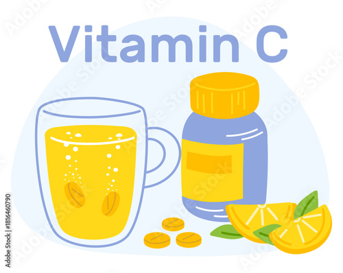 Soluble tablets with vitamin C dissolve in cup of water. Flu disease prevention. Hot fizzy drink glass mug. Citrus pieces. Lemon taste. Immune support. Effervescent pills. Vector concept