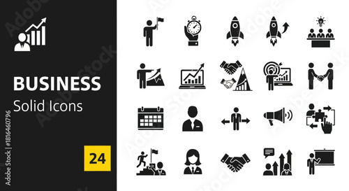 Comprehensive collection of solid black business icons illustrating growth, strategy, success, and teamwork for modern professional applications and presentations