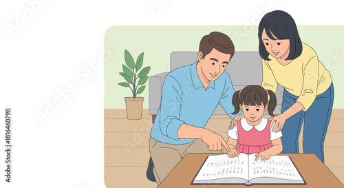 Parents teaching their daughter to read braille, family support for blind child concept.
