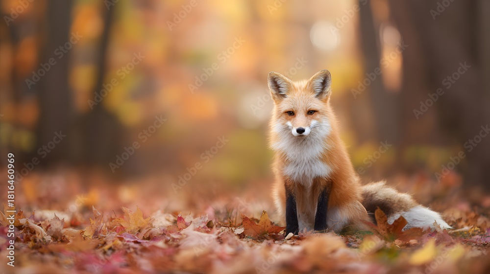 Obraz premium Charming fox portrait amidst autumn leaves a gentle wildlife moment bathed in golden light