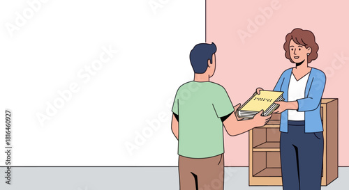 Woman gives braille book to man. Learning, education, and literacy for blind people.