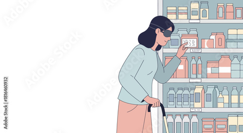Blind woman using cane reading braille label on product in store. Accessibility concept.