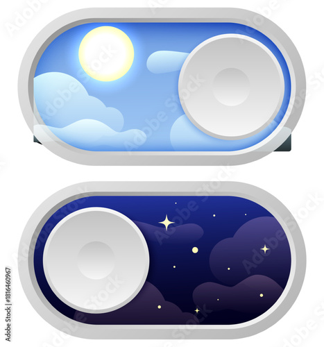 Realistic smartphone or monitor screen switch between light and dark modes. UI panel regulators. Morning or evening clouds. Day and night menu swipe toggle. Vector interface buttons set